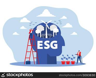businessman climb up ladder to see through telescope for ESG or ecology problem concept.Future Goal And Plans.Business target concept flat vector illustrator