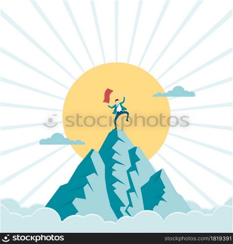 Businessman climbed the peak and hoisted the flag, leadership climbed to the top of the mountain peak, business concept success and search opportunities. growth, goal, leadership, career