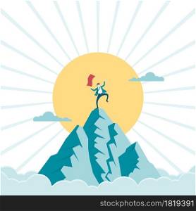 Businessman climbed the peak and hoisted the flag, leadership climbed to the top of the mountain peak, business concept success and search opportunities. growth, goal, leadership, career