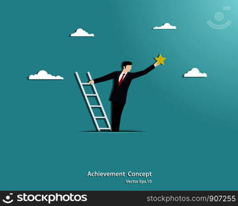 Businessman climbing a stair ladder on the clouds and reaching for the stars. Business concept, Achievement, Vector illustration flat