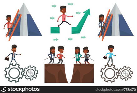 Businessman climbing the ladder. Businessman climbing on mountain with arrow going up. Man climbing upward on the top of mountain. Set of vector flat design illustrations isolated on white background.. Vector set of business characters.