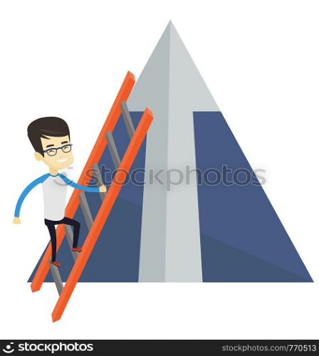 Businessman climbing the ladder. Businessman climbing on mountain with arrow going up. Businessman climbing upward on the top of mountain. Vector flat design illustration isolated on white background.. Business man climbing on mountain.