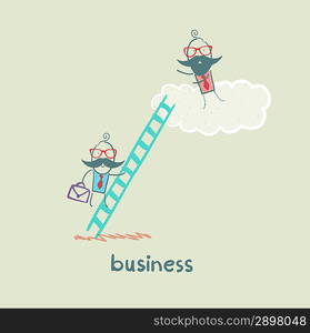 businessman climbing the stairs to the cloud to the boss