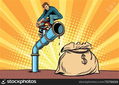 Businessman closes the tap oil pipe, a bag of money. Pop art retro comic book vector illustration. Businessman closes the tap oil pipe, a bag of money