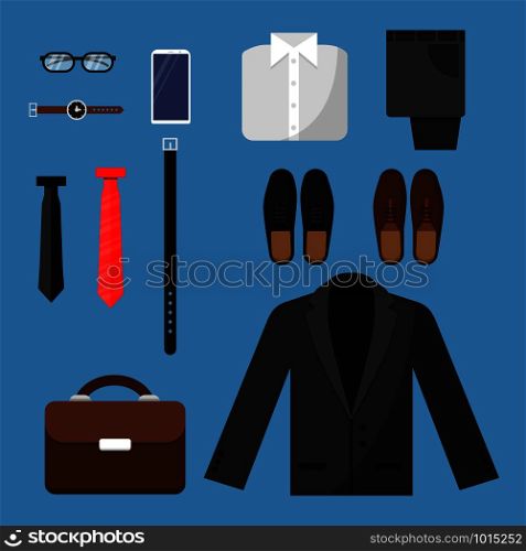 Businessman clothes. Fashion mens items pants shirt shoes watches tie bag vector top view flat illustrations. Businessman fashion shoes and phone, watch and pants. Businessman clothes. Fashion mens items pants shirt shoes watches tie bag vector top view flat illustrations