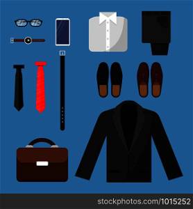 Businessman clothes. Fashion mens items pants shirt shoes watches tie bag vector top view flat illustrations. Businessman fashion shoes and phone, watch and pants. Businessman clothes. Fashion mens items pants shirt shoes watches tie bag vector top view flat illustrations