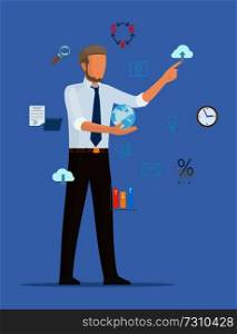 Businessman colorful card vector illustration of man in official suit with small Earth in one hand and indicative on cloud by finger on blue backdrop. Businessman Colorful Card Vector Illustration