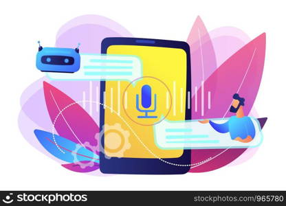 Businessman communicates with chatbot with voice commands. Voice controlled chatbot, talking virtual assistant, smartphone voice application concept. Bright vibrant violet vector isolated illustration. Chatbot voice controlled virtual assistant concept vector illustration.