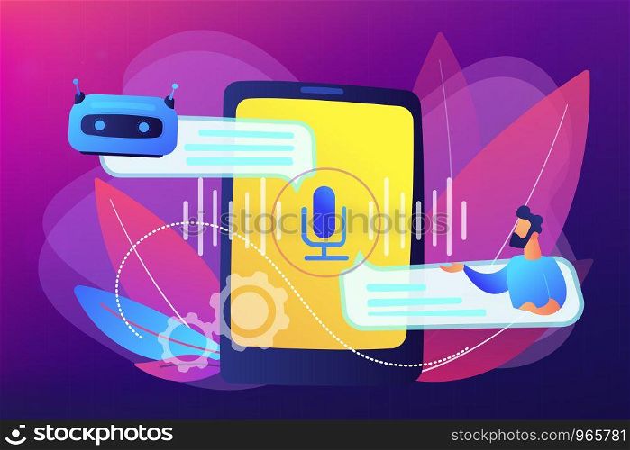 Businessman communicates with chatbot with voice commands. Voice controlled chatbot, talking virtual assistant, smartphone voice application concept. Bright vibrant violet vector isolated illustration. Chatbot voice controlled virtual assistant concept vector illustration.