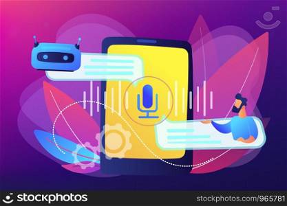 Businessman communicates with chatbot with voice commands. Voice controlled chatbot, talking virtual assistant, smartphone voice application concept. Bright vibrant violet vector isolated illustration. Chatbot voice controlled virtual assistant concept vector illustration.