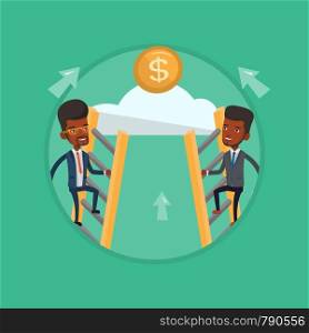 Businessman competing for the money. Competitive businessmen climbing the ladder on a cloud. Concept of competition in business. Vector flat design illustration in the circle isolated on background.. Two businessman climbing to success.