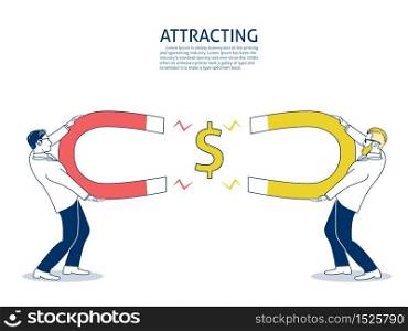 Businessman competitive attracts money with a large magnet. Business attracting concept. hand drawn style vector doodle design illustrations. - Vector
