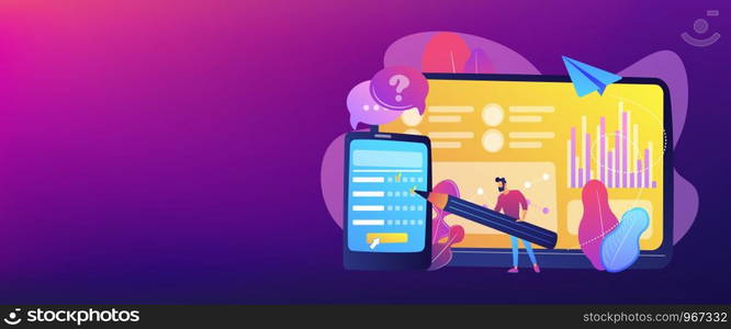 Businessman completing online survey form on smartphone screen. Online survey, internet questionnaire form, marketing research tool concept. Header or footer banner template with copy space.. Online survey concept banner header.