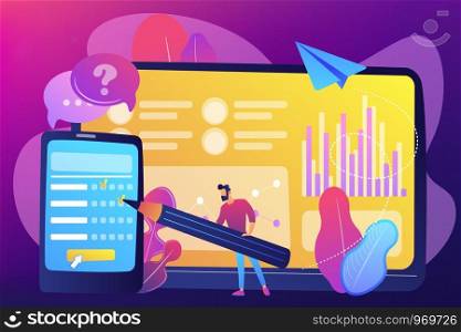 Businessman completing online survey form on smartphone screen. Online survey, internet questionnaire form, marketing research tool concept. Bright vibrant violet vector isolated illustration. Online survey concept vector illustration.