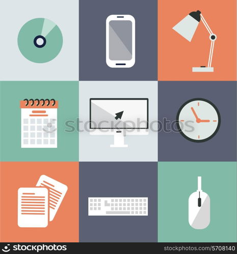 businessman, computer, phone, CD, clock, keyboard, computer mouse, calendar, documents, lamp illustration