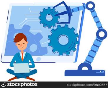 Businessman conducting experiments with mechanical arm. Artificial intelligence for startup development. Robotic arm for lifting weights, production work. Modern technologies for new business project. Businessman conducts experiment with mechanical arm. Artificial intelligence for startup development