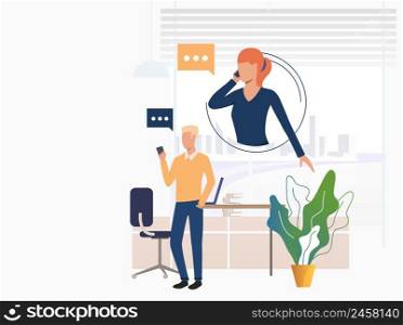 Businessman consulting expert on phone. Man, woman, phone conversation. Communication concept. Vector illustration can be used for topics like negotiation, phone talk, business