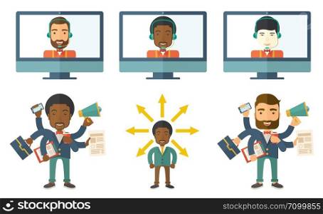 Businessman coping with multitasking. Businessman having skills of multitasking. Businessman doing multiple tasks. Concept of multitasking. Set of vector illustrations isolated on white background.. Vector set of illustrations with business people.