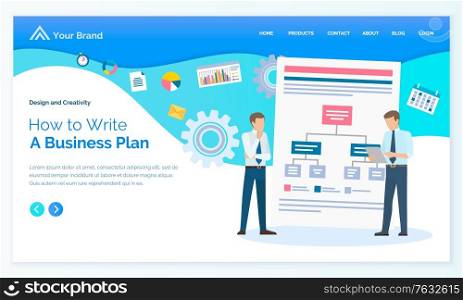 Businessman creating plan, worker discussing, scheme strategy, diagram and set icon. Employees cooperation, brainstorming idea vector. Landing page or app slider in flat design style, webpage template. Write Business Plan, Businessman and Scheme Vector