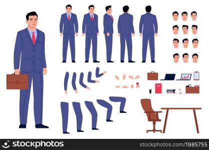 Businessman creation. Clerk male character editor kit. Isolated different body parts in various positions and hand gestures. Emotional faces. Office workplace elements. Vector employee generator set. Businessman creation. Clerk male character editor kit. Isolated different body parts in various positions and gestures. Emotional faces. Workplace elements. Vector employee generator set