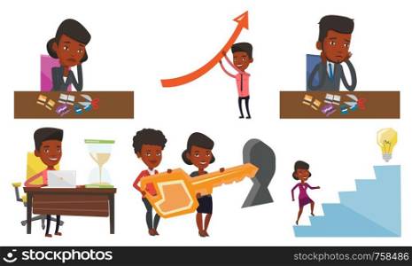 Businessman cutting credit card. Businessman sitting at the desk with cut credit card. Man cutting credit card with scissors. Set of vector flat design illustrations isolated on white background.. Vector set of business characters.