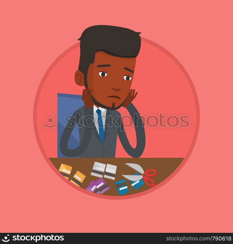 Businessman cutting credit card. Man sitting at the desk with cut credit card. Businessman cutting credit card with scissors. Vector flat design illustration in the circle isolated on background.. Businessman bankrupt cutting his credit card.