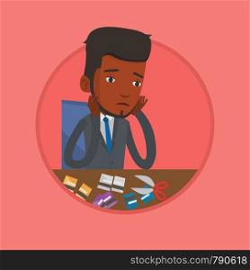 Businessman cutting credit card. Man sitting at the desk with cut credit card. Businessman cutting credit card with scissors. Vector flat design illustration in the circle isolated on background.. Businessman bankrupt cutting his credit card.