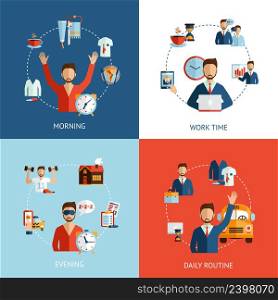 Businessman daily routine 4 flat icons composition of morning working hours and evening abstract isolated vector illustration. Businessman daily routine concept flat icons