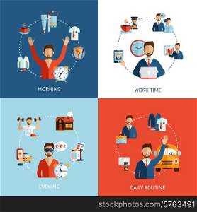 Businessman daily routine 4 flat icons composition of morning working hours and evening abstract isolated vector illustration