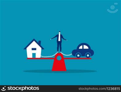 Businessman debt House and Car on scale loan Concept