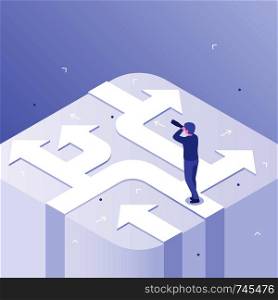 Businessman decision. Business direction choice, success career decisions and choosing ways. Manager thinking, business strategy right directions choose isometric vector concept illustration. Businessman decision. Business direction choice, success career decisions and choosing ways isometric vector concept illustration