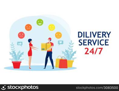 businessman delivery service with feedback service, e-commerce. Receiving package from courier to customer. Vector