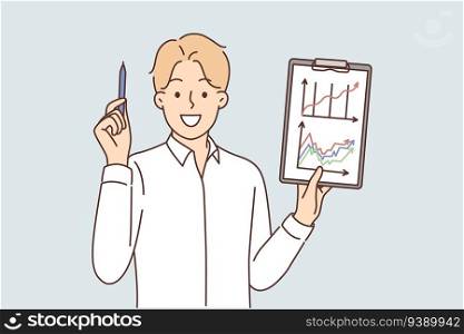 Businessman demonstrates results of company budget audit and holds pen and clipboard with graphs. Man finance minister promises economic growth or increase efficiency of spending budget money. Businessman demonstrates results of company budget audit and holds pen and clipboard with graphs