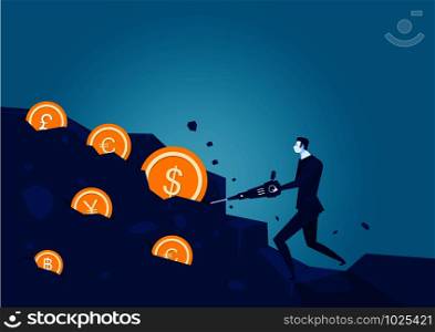 Businessman digging tool in the rock with coin vector