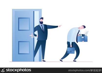 Businessman dismissed man worker. Boss fire male employee. Business people characters in trendy style. Isolated on white background.Flat vector illustration