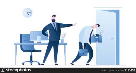 Businessman dismissed worker. Boss fire male employee. Business people characters in trendy style. Isolated on white background.Flat vector illustration