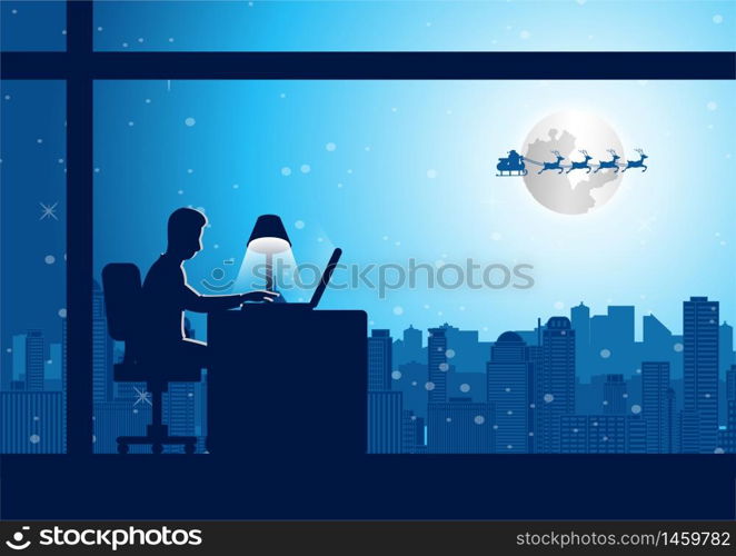 businessman do overtime work at office on christmas night while santa fly over city to send gift,vector illustration