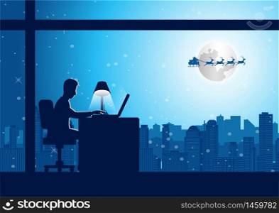 businessman do overtime work at office on christmas night while santa fly over city to send gift,vector illustration