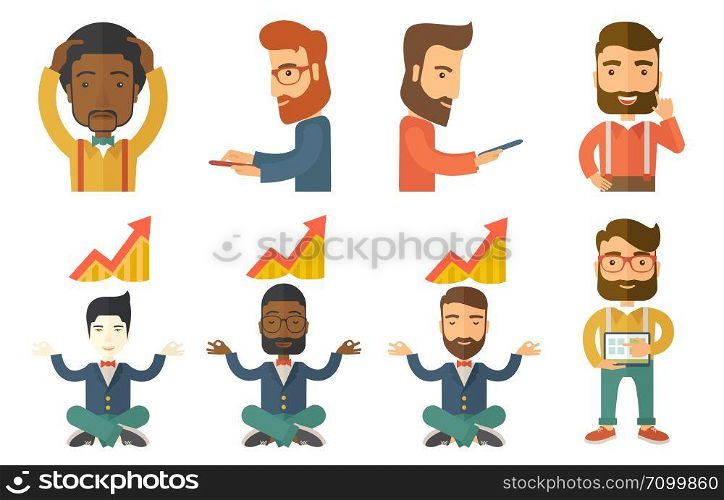 Businessman doing yoga in lotus position and thinking about the growth graph. Businessman meditating in yoga lotus position. Set of vector flat design illustrations isolated on white background.. Vector set of illustrations with business people.