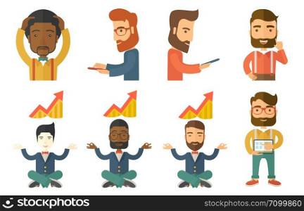 Businessman doing yoga in lotus position and thinking about the growth graph. Businessman meditating in yoga lotus position. Set of vector flat design illustrations isolated on white background.. Vector set of illustrations with business people.