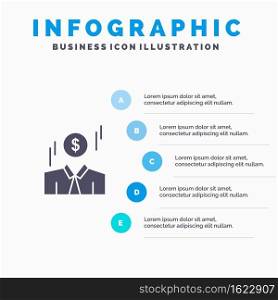 Businessman, Dollar, Man, Money Solid Icon Infographics 5 Steps Presentation Background