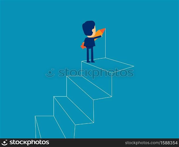 Businessman drawing outline of steps. Concept business strategy vector illustration, Kid business, Flat business cartoon design