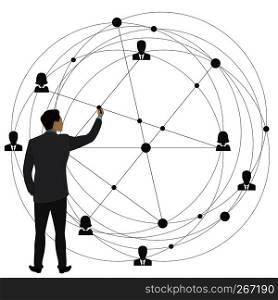 Businessman draws a global business scheme, people connection.Stock vector illustration. Businessman draws a global business scheme