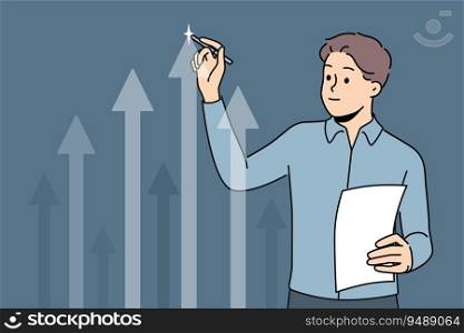 Businessman draws up arrow on virtual screen analyzing growth from company investment. Successful businessman demonstrating digital graph of fluctuation in profit or increase in number of buyers. Businessman draws up arrow on virtual screen analyzing growth from company investment