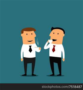 Businessman drinking and chatting. Office colleagues at coffee break talking. Isolated men vector characters. People in business communication. Businessman drinking and chatting with friend
