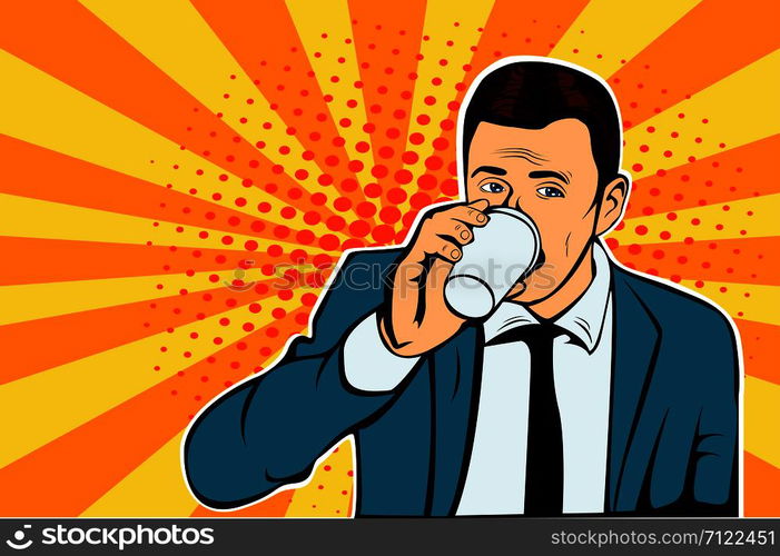 Businessman drinking Cup of coffee looking sideways. Vector illustration in pop art retro comic style.