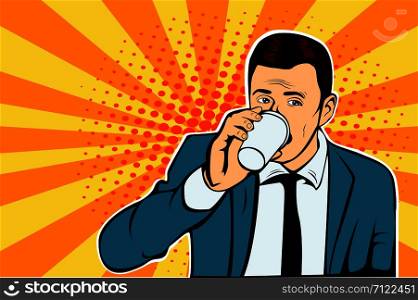 Businessman drinking Cup of coffee looking sideways. Vector illustration in pop art retro comic style.