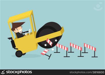 Businessman driving a road roller over an obstacle