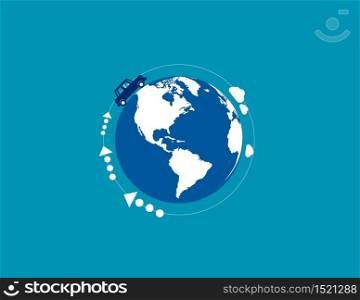 Businessman driving around the world. Concept business vector. Drive car, Travel, Transportation.