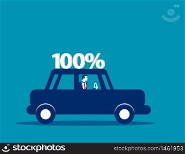 Businessman driving car and 100 percent warranty. Concept business vector, Safety, Shopping